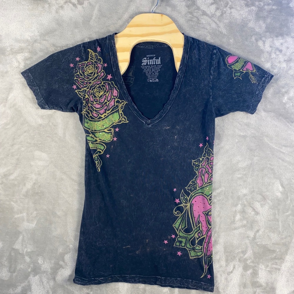 Sinful Black Graphic T Shirt Roses Crown Tattoo Style Women's Medium